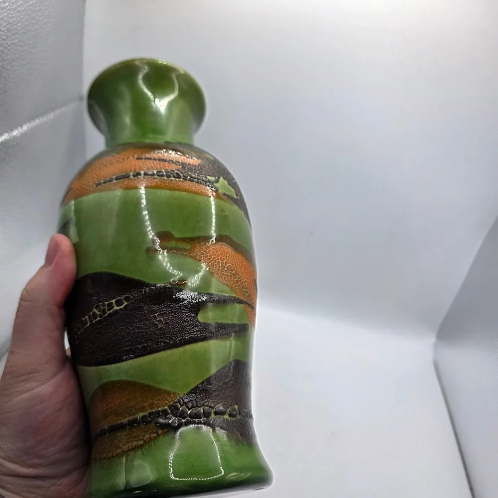 Vintage Haeger Pottery Vase Green Brown Orange Textured Glaze MCM Art Pottery